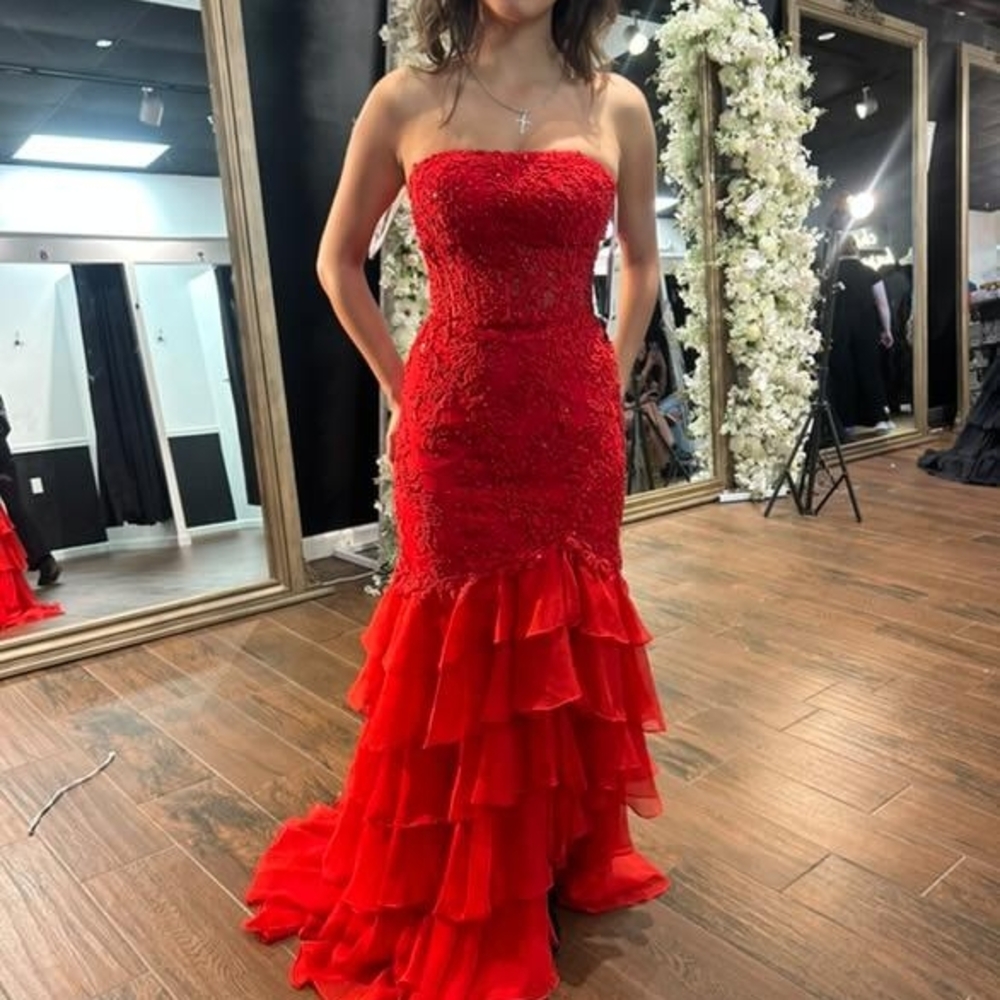 Sherri Hill Red Strapless Ruffled Gown